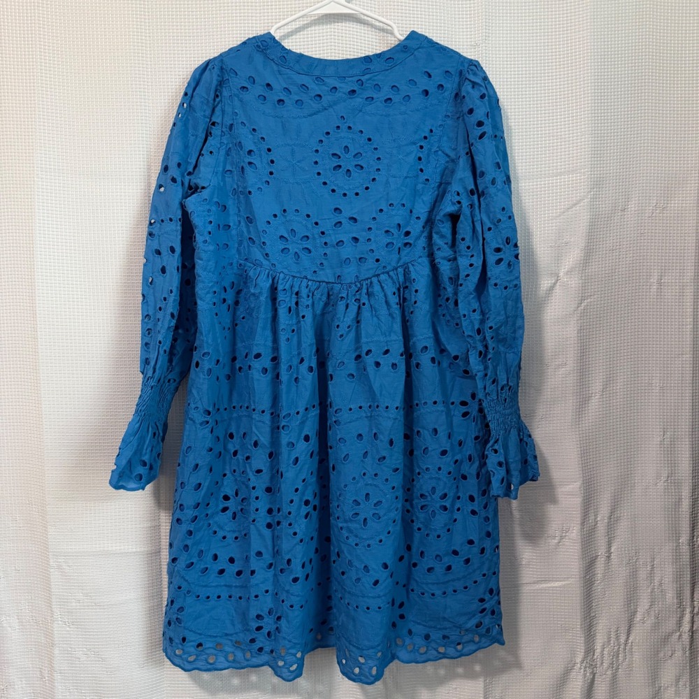 Dokotoo Dress Cotton Eyelet Tassel Tie Long Sleeve Babydoll Boho Mini Blue M - Picture 2 of 8